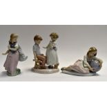 Lladro figurine "Study of the World", "Young Love-Sewing Heart" and "Girl with Hanging Cape"