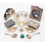 A group of silver and white metal including; An Edward VIII bon bon dish chrysanthemum style
