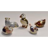 Royal Crown Derby paperweight of a Puffin A/F, Ram and three birds, silver stoppers