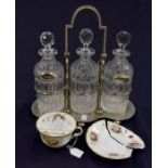 A collectors lot of mixed items to include a moustache cup and saucer plus three cut glass decanters