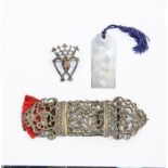 A silver page marker, buckle and a coronet brooch. (3)