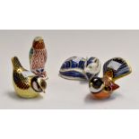 Royal Crown Derby paperweights of three birds and fox, gold stoppers