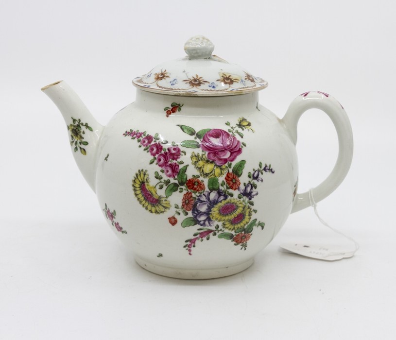 An 18th century teapot, probably Pennington of Liverpool, of cannon ball form decorated with