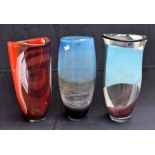 Three Svaja art glass medium sized vases, various colourways.