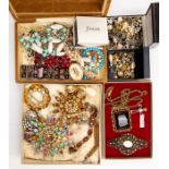 A collection of costume jewellery to include two large Austrian coloured glass brooches; earrings;