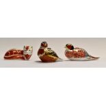 Royal Crown Derby paperweights of two birds and a fox, no stoppers