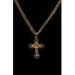 A 9ct yellow gold crucifix on 9k flat link chain, approx 11g