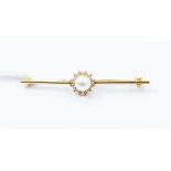 An 18ct yellow gold, pearl and diamond bar brooch, C&F London 1983, total gross weight approx 4.