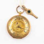 A Continental 18k gold fob watch, approx 31gms, approx 3.5cm diam, with key