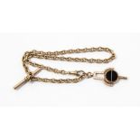 A 9ct gold belcher chain, toggle clasp and T bar, with an agate and bloodstone swivel fob in