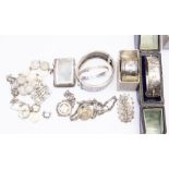 Silver - a Victorian hinged 'belt' bangle, stamped sterling; silver vesta; brooches; fobs; bracelet;