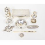 A silver table top cigarette box by William Neale Ltd, Birmingham, 1926 and a shaker, silver dishes,