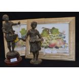 Royal Crown Derby artist W Rayworth paintings on glass, x 2 and a pair of spelter figures