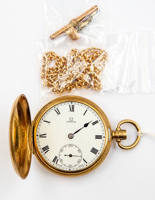 An Omega  9ct gold pocket watch, a/f winder detached dent to case, case diameter approx. 48mm, glass