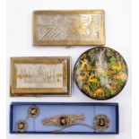 Indian mache box, two Indian plated cigarette cases and Indian silver filigree gold inlayed art deco