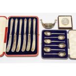 Collection of Silver ware including knives and spoons, salt and Victorian coin and a 1951 Festival
