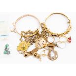 A collection of yellow metal jewellery, including rolled gold pendants, yellow metal cufflinks; ruby