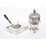 A George III silver-plate Chafing dish, rectangular body with reeded rim, the domed cover with urn