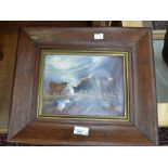 A Crown Devon Fieldings plaque painted with a Highland cattle scene, signed G. Cox, 17 by 23cm,