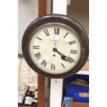 Early 20th Century round school clock, GRVI mahogany, no pendulum