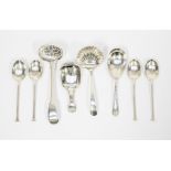 Two sugar sifter spoons, four silver coffee spoons, two silver caddy spoons