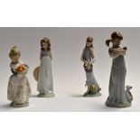 A group of 4 Lladro studies of young girls, C14M, Picking Tulips no 7712, with cat and kitten no