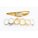 A 22ct gold ring, total gross weight approx. 10.6gms, an 18ct gold wedding band and signet ring,