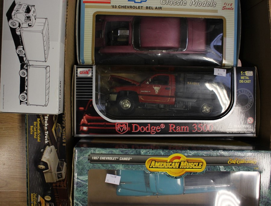 Diecast vehicles including 1:32 scale First Gear White 3000 Freight Truck, Sun Star 1:18 Scale