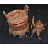 A Black Forest, German ornately carved biscuit barrel and bear wall hanging hook A/F