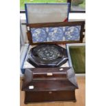 A reproduction mother of pearl trinket box, Victorian era, a tea caddy and Willow Pattern tiled