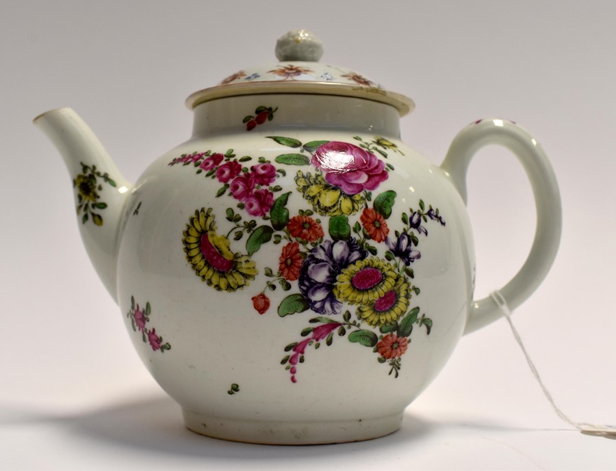 An 18th century teapot, probably Pennington of Liverpool, of cannon ball form decorated with - Image 2 of 3