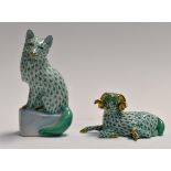 Two Hungarian Herend green figures of animals; fox and ram