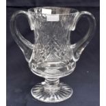 Late 20th century cut glass vase in twin handled trophy form.