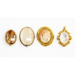 A 19th Century cameo brooch; two agate set brooches and a gilt metal pendant (4)