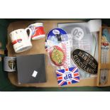 Motoring memorabilia; to include enamel mugs, signs, a boxed IXO Jaguar E-Type, E-Type stamps etc (