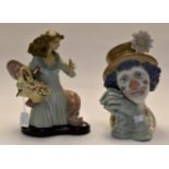 Lladro: A head study of a clown together with a half body of a flower lady on plinth. 2 items