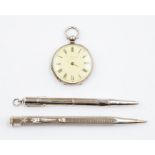 A silver fob watch, C. Mathey Geneve, 3.5cm diam; two silver propelling pencils (3)