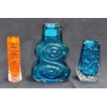 Whitefriars glass turquoise cello, small bark pattern coffin, tangerine bark spill vase (3)