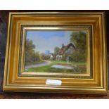 A pair of oils on miniature, signed Simms, indistinctly, depicting timber framed thatched
