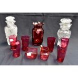 Two lead crystal decanters including ruby drinking glasses, vase, two small dishes etc (Q)