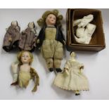 Collection of miniature and small 19th century dolls with 19th century wooden stick doll with moving