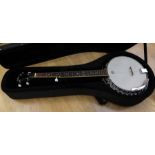 A cased Ashbury five string banjo and electric tuner