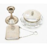 Silver ladies purse candle stick and silver topped glass powder dish