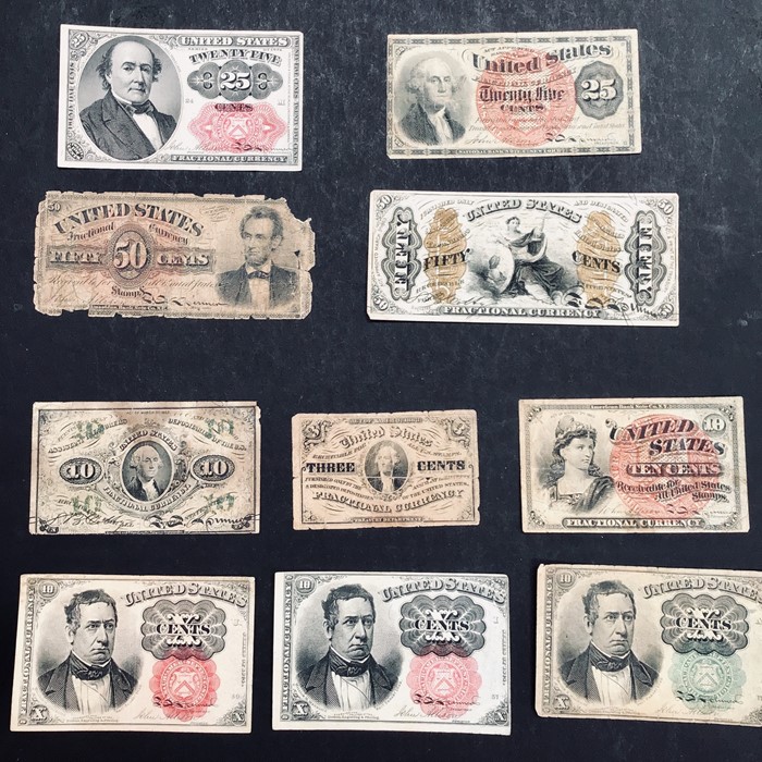 U.S.A Fraction-els in mixed circulated grades. 3 cents 1863 3rd issue, 10 cents 1863 2nd & 4th