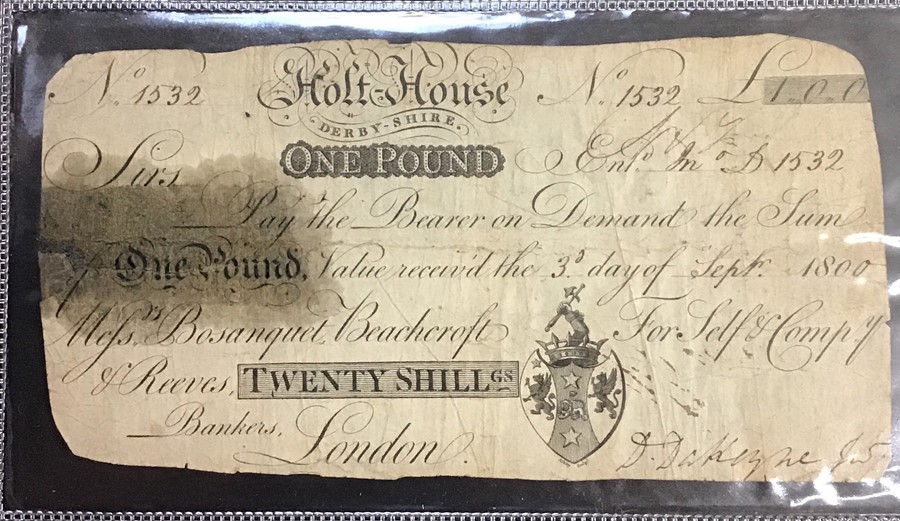 Holt House, Derbyshire Provincial Banknote, One Pound, 3rd September 1800.