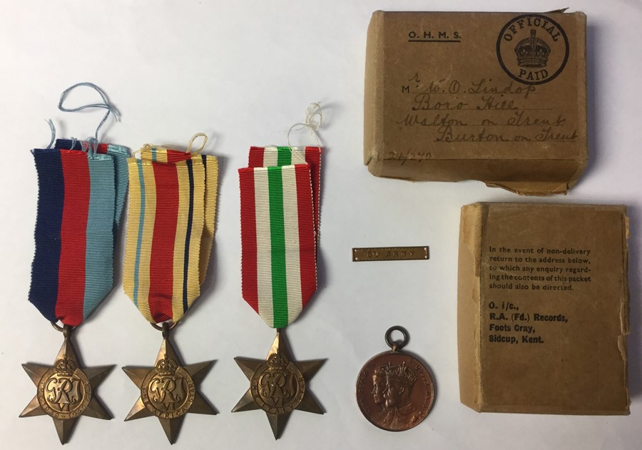 WW2 British Desert Rats Royal Artillery Medal group comprising of: 1939-45 Star, Africa Star with