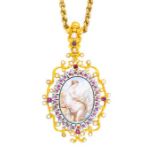 A 19th century Continental gold and enamel pendant, the enamel depicting a lady painting a cherub,