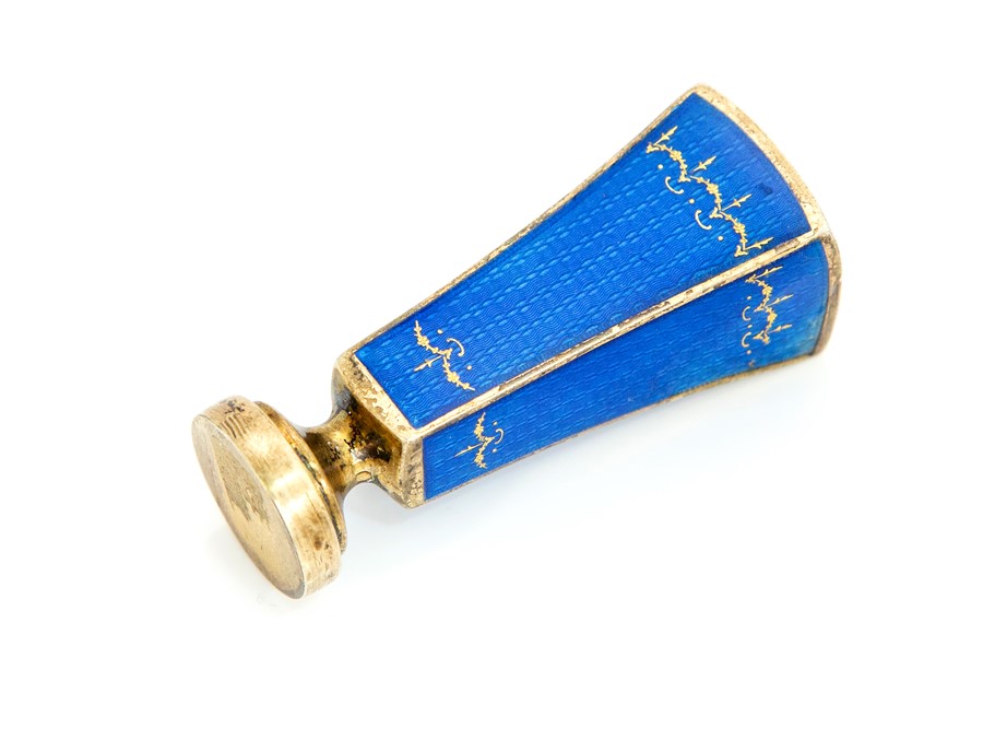 A Russian silver-gilt enamelled seal, the tapered rectangular stem with blue guilloche enamel, the