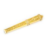 A 19th century gold needle case, raised with foliate scrolls, assessed as approx 15ct gold, approx