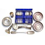 A collection of silver to include: Two pairs of 19th Century fiddle pattern sauce ladles, Newcastle,
